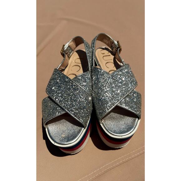 Auth Gucci Cross Sparkly Straps Red White Blue Platform Slingback Sandals Sz 4.5 - Picture 3 of 14